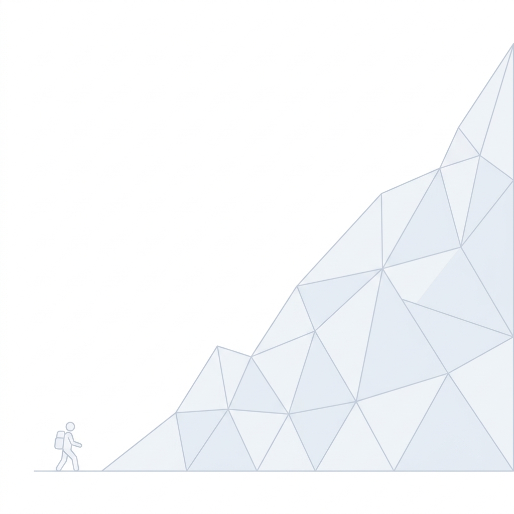 Hiker approaching a geometric mountain