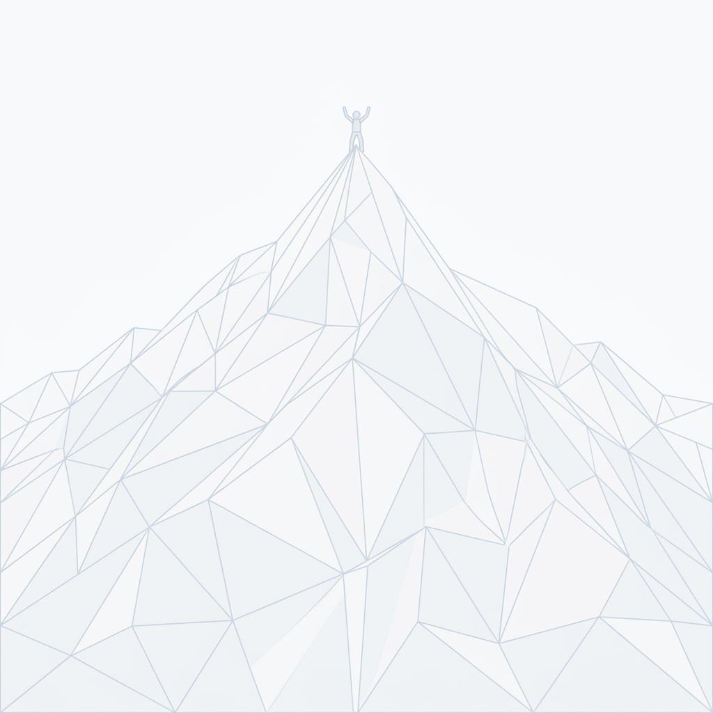 Hiker triumphant at the summit of a geometric mountain